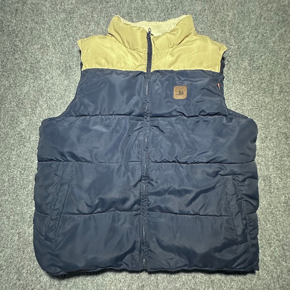 Field & Stream Puffer Vest XL Navy Tan Sherpa Collar Outdoor Winter‎